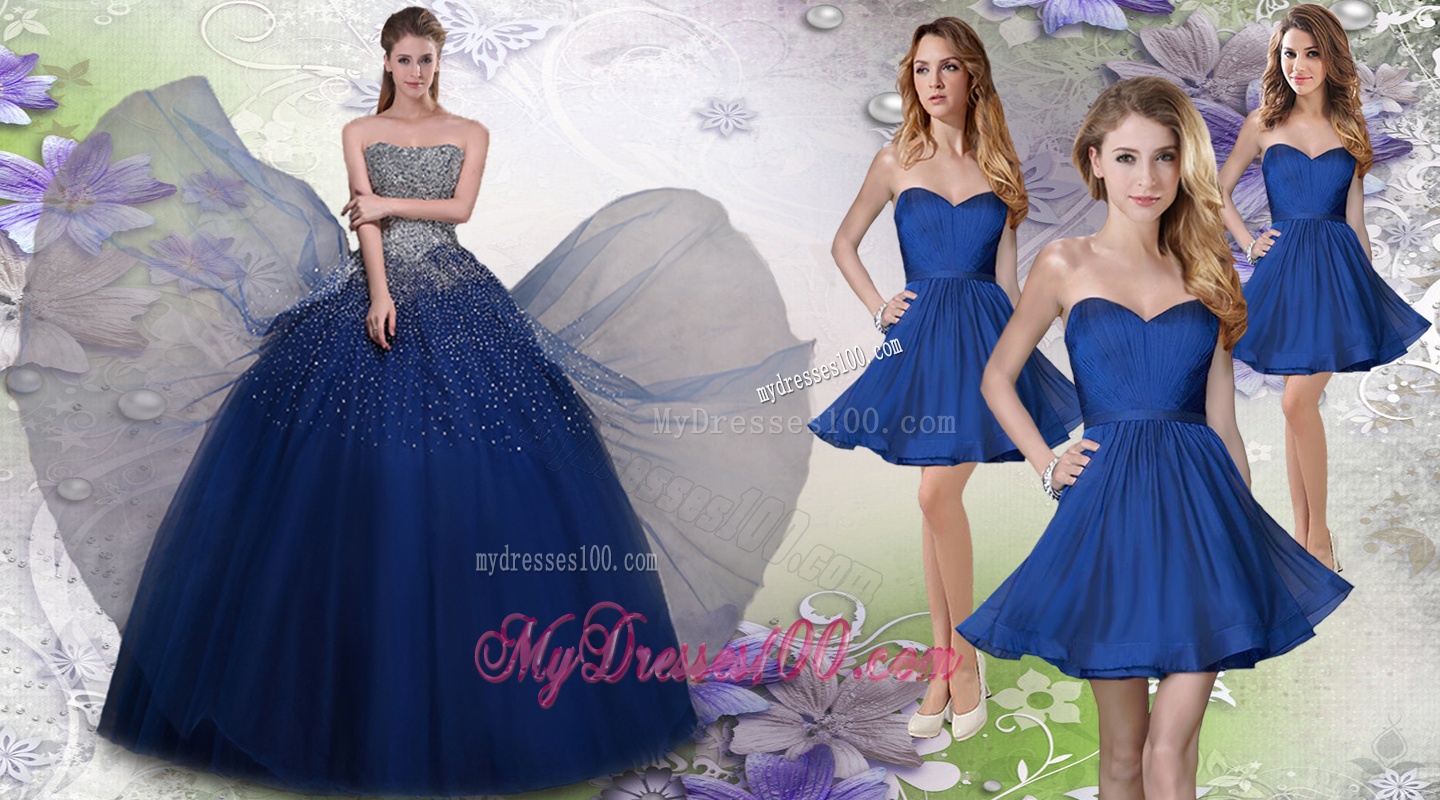 Pretty Navy Blue Really Puffy Quinceanera Dress and Fashionable Short Dama Dresses