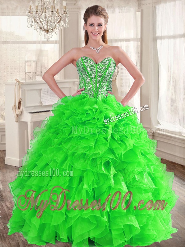 Really Puffy Spring Green Sweet 16 Dress and Sequined Short Dama Dresses and Beaded and Ruffled Mini Quinceanera Dress