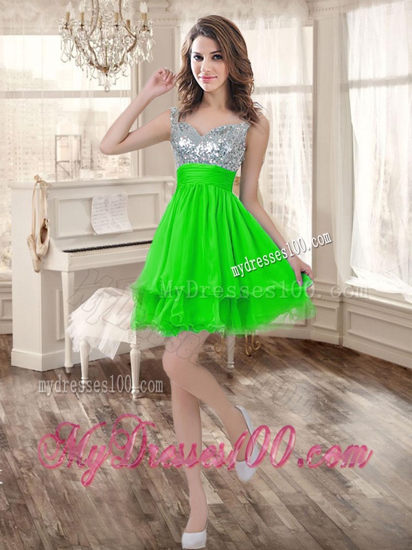 Really Puffy Spring Green Sweet 16 Dress and Sequined Short Dama Dresses and Beaded and Ruffled Mini Quinceanera Dress