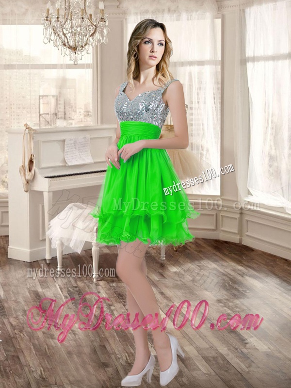 Really Puffy Spring Green Sweet 16 Dress and Sequined Short Dama Dresses and Beaded and Ruffled Mini Quinceanera Dress