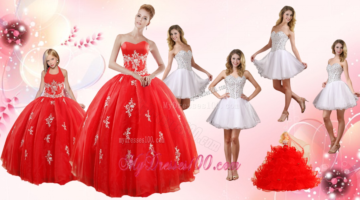 Red Ball Gown Appliques Quinceanera Dress and Short Beading White Dresses and Red Halter Top Little Girl Dress