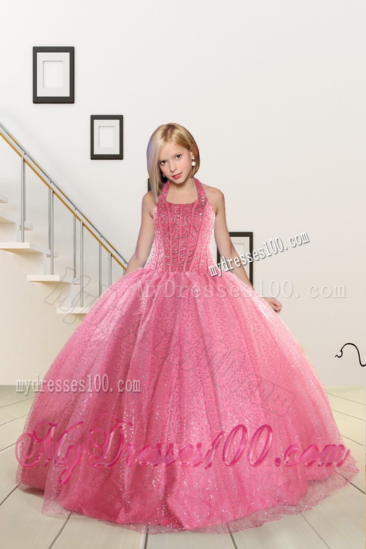 Rose Pink Beading Ball Gown Quinceanera Dress and Strapless Knee Length Dama Dresses and Halter Top Little Girl Dress