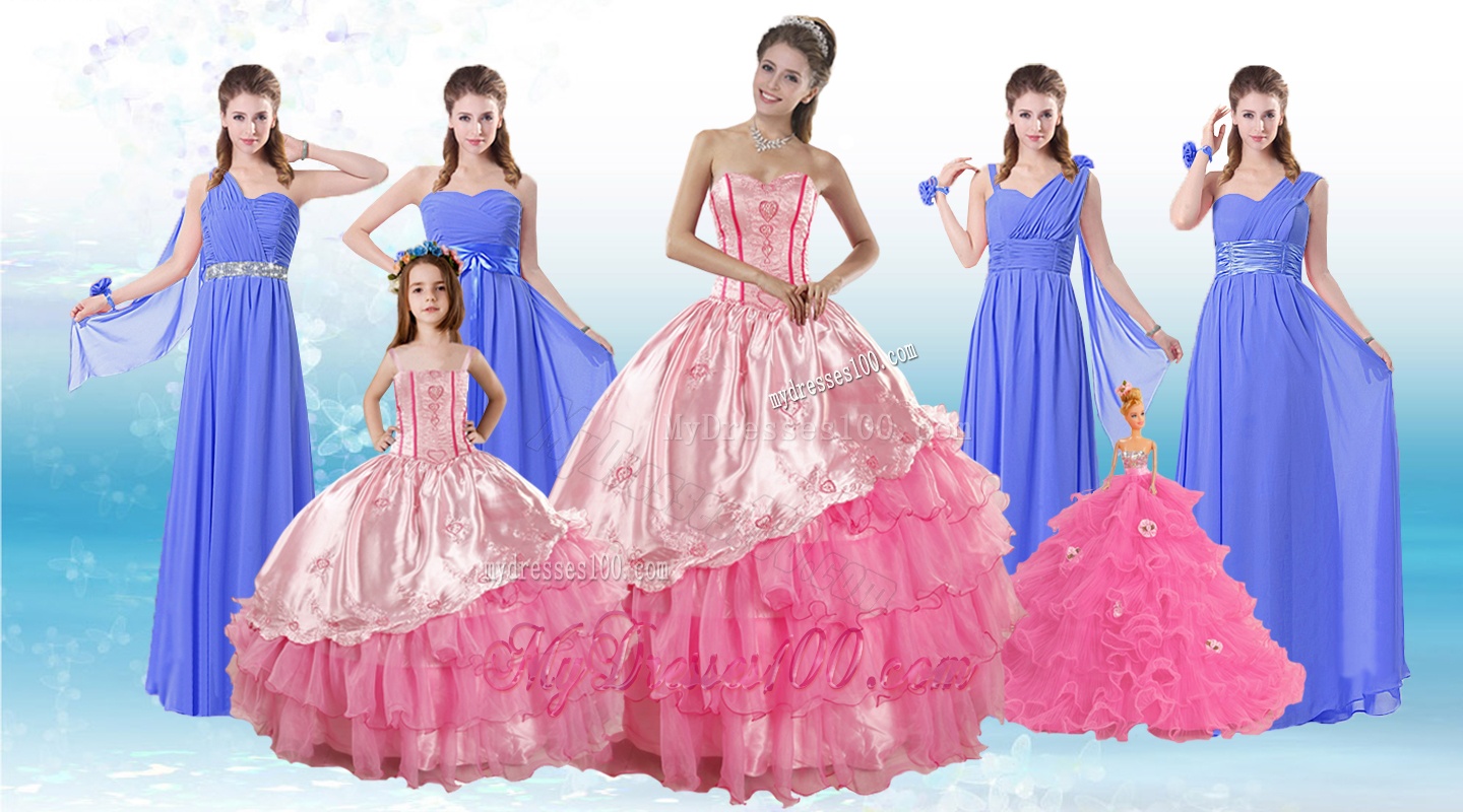 Ruffled Layers Sweetheart Quinceanera Dress and Elegant Ruching Long Dama Dresses and Rose Pink Floor Length Little Girl Dress