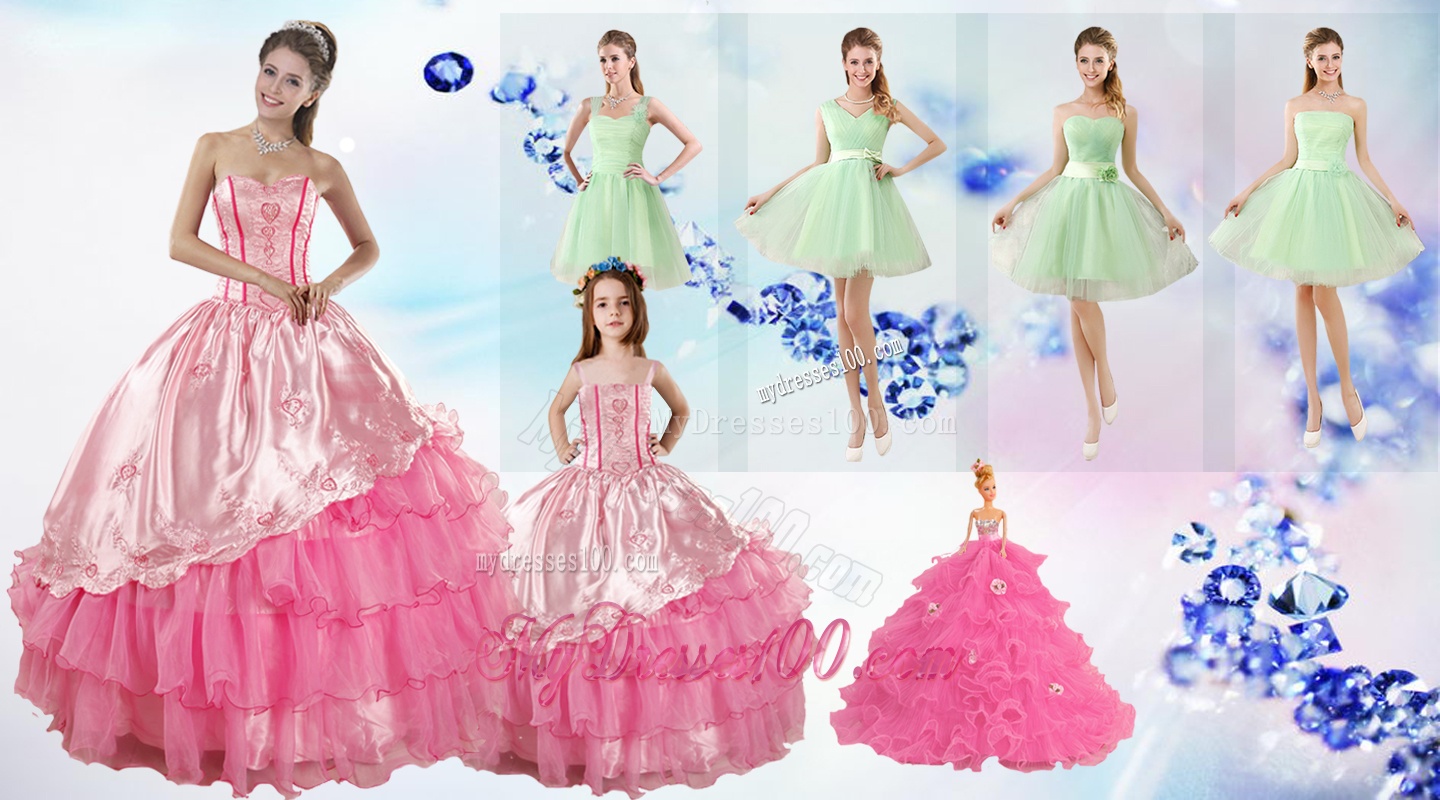 Ruffled Layers Sweetheart Quinceanera Dress and Ruching Apple Green Dama Dresses and Rose Pink Little Girl Dress