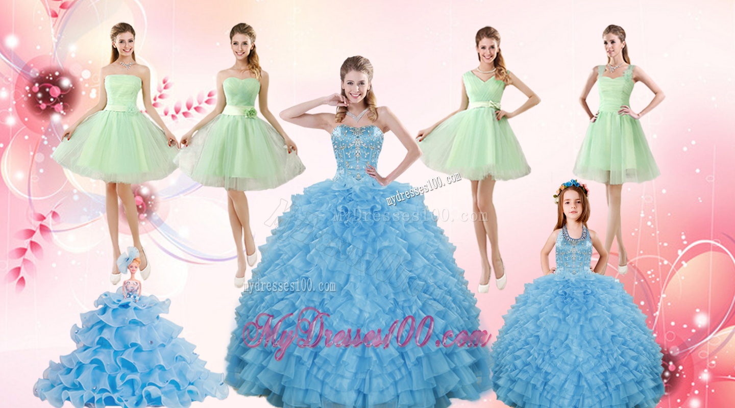Ruffles Beading Ball Gown Quinceanera Dress and Sash Short Apple Green Dama Dresses and Halter Top Little Girl Dress