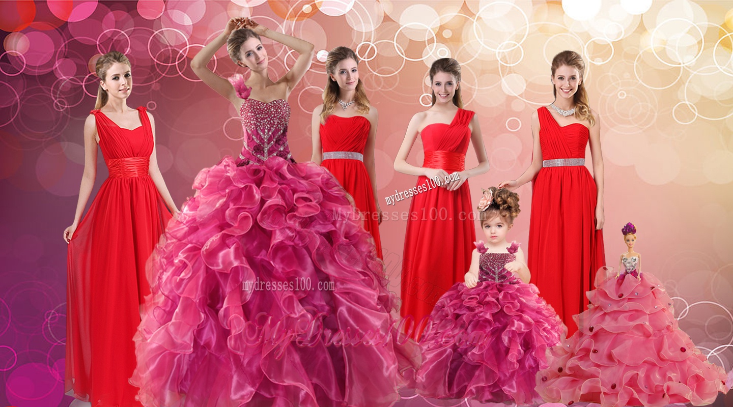 Ruffles One Shoulder Sweet 16 Dress and Red Long Beading Evening Dresses and Ball Gown Straps Beading Little Girl Dress