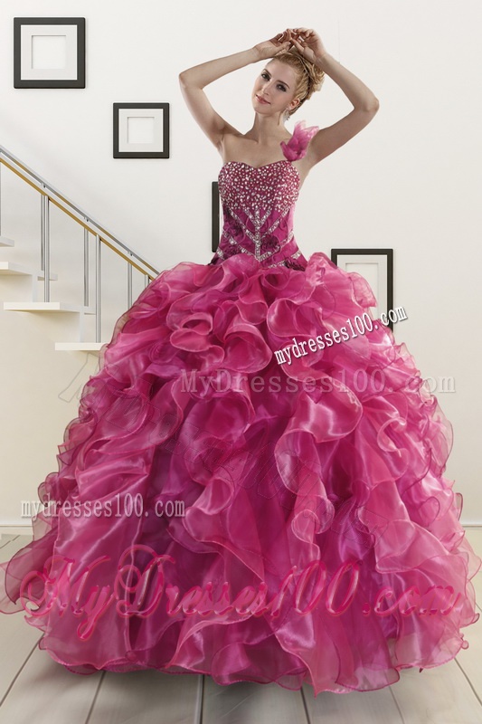 Ruffles One Shoulder Sweet 16 Dress and Red Long Beading Evening Dresses and Ball Gown Straps Beading Little Girl Dress