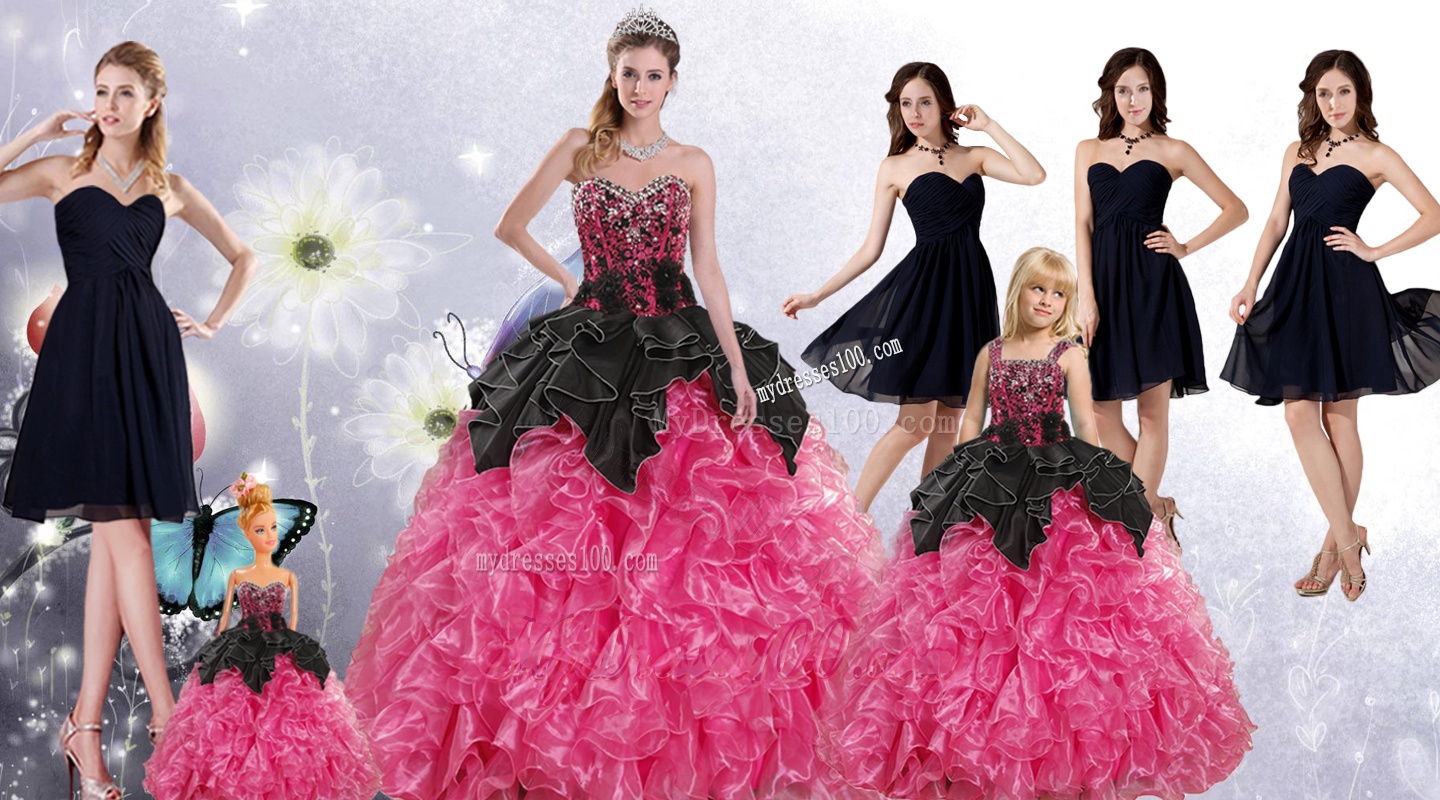 Ruffles and Beading Multi Color Quinceanera Gown and Black Sweetheart Short Evening Dress and Multi Color Straps Little Girl Dress