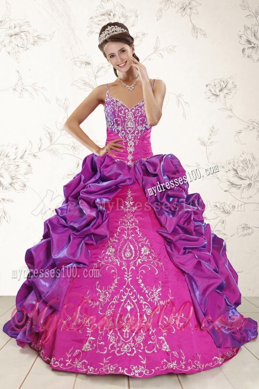Spaghetti Straps Multi Color Quinceanera Dress and Long Ruching Dama Dresses and Ruffels and Embroidery Little Girl Dress