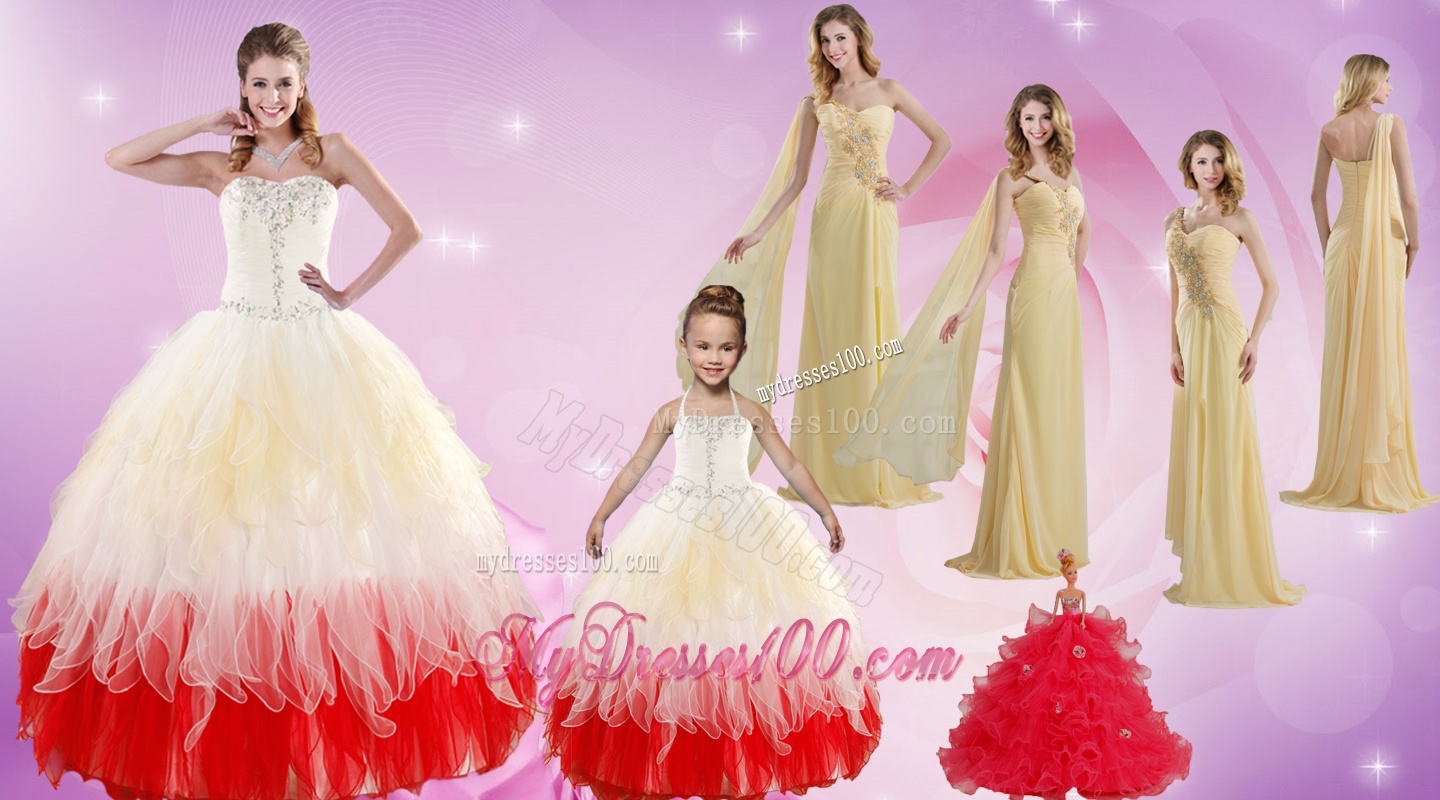 Strapless Beading Multi Color Quinceanera Dress and Beading Long Evening Dresses and Multi Color Halter Top Little Girl Dress