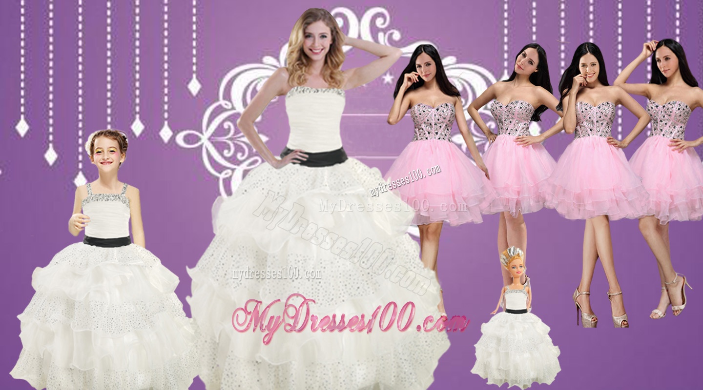 Strapless Beading White Quinceanera Dress and Baby Pink Sweetheart Short Evening Dresses and White Straps Beading Little Girl Pageant Dress