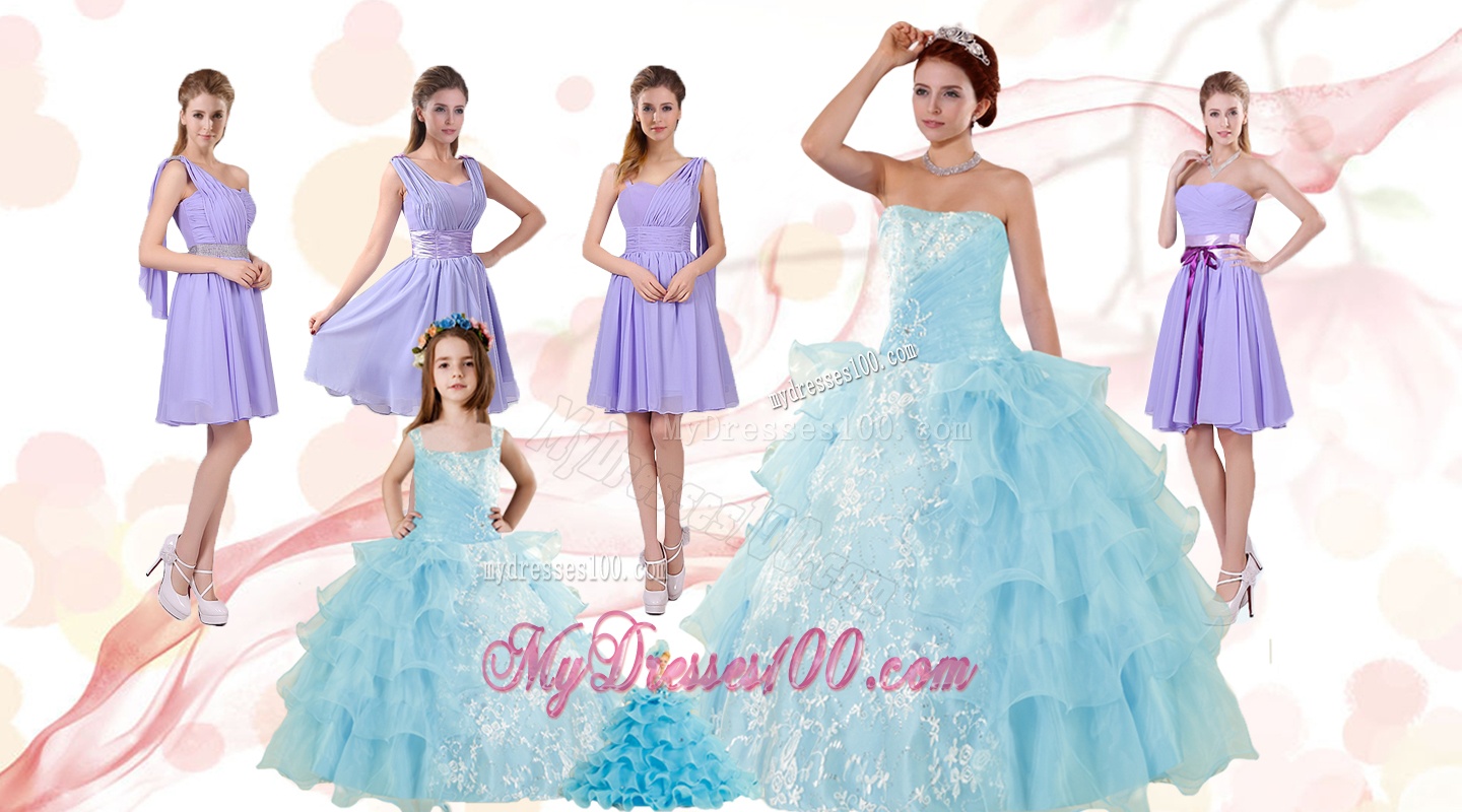 Strapless Ruffles Elegant Quinceanera Dress and Lavender Mini Length Evening Dress and Appliques and Ruffles Baby Bule Little Girl Pageant Dress
