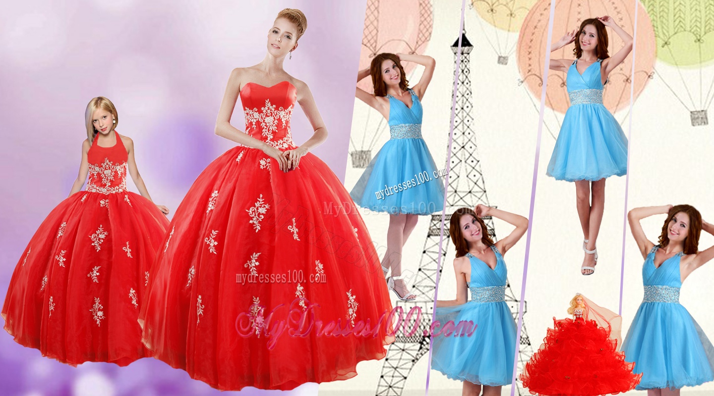 Sweetheart Ball Gown Red Quinceanera Gown and V Neck Beading Short Evening Dresses and Red Halter Top Little Girl Dress