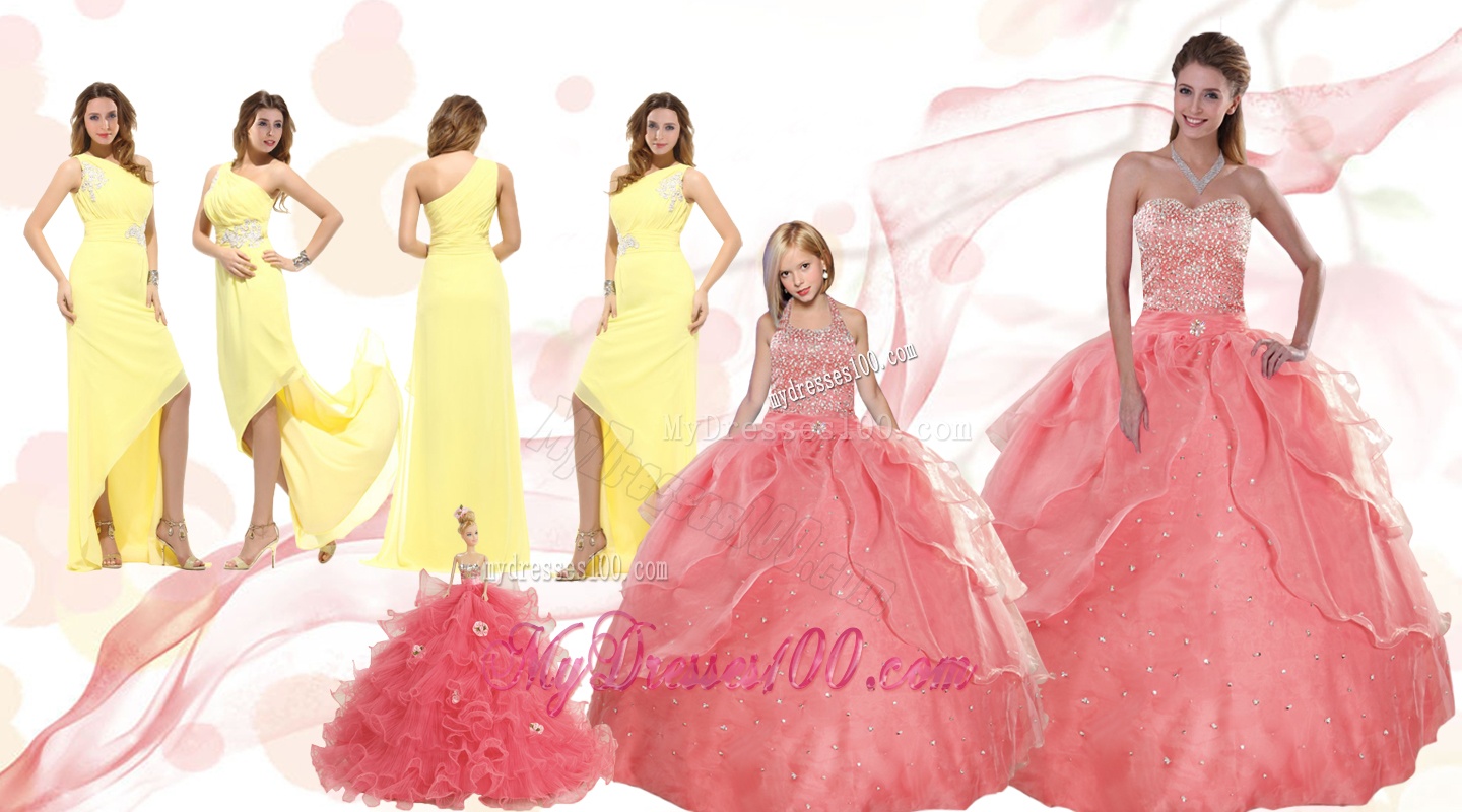 Sweetheart Beading Watermelon Sweet 16 Dress and One Shouler High Low Evening Dresses and Halter Top Beading Little Girl Dress
