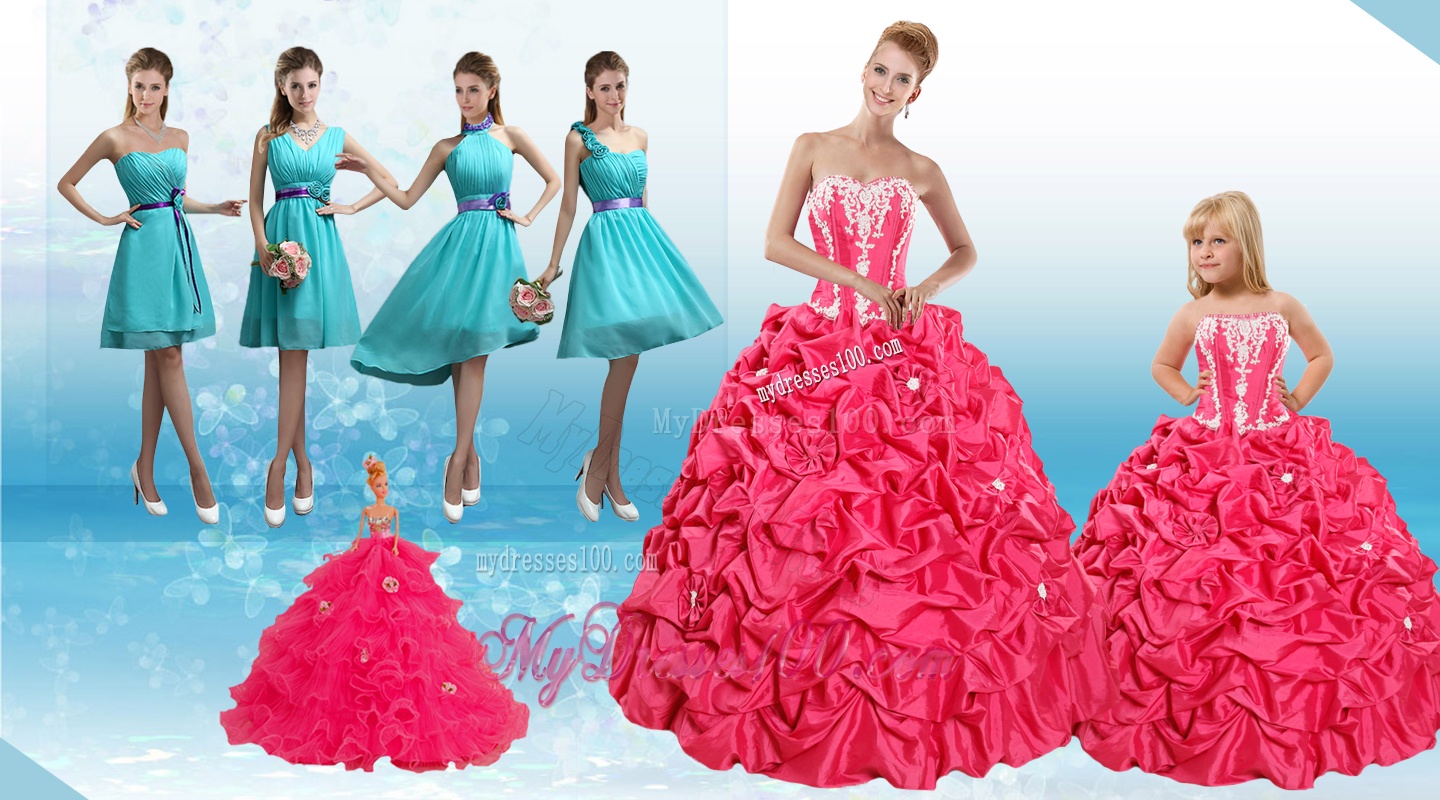 Sweetheart Pick Ups and Appliques Quinceanera Dress and Baby Blue Short Dama Dresses and Strapless Pick Ups Little Girl Dress