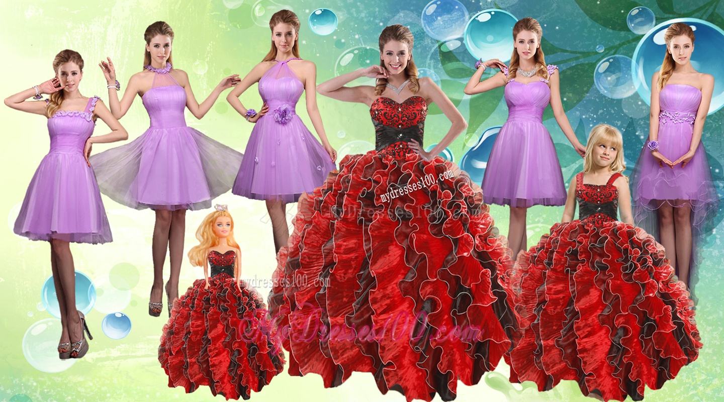 Sweetheart Ruffles Multi Color Quinceanera Dress and Knee Length Ruching Dama Dresses and Multi Color Little Girl Dress