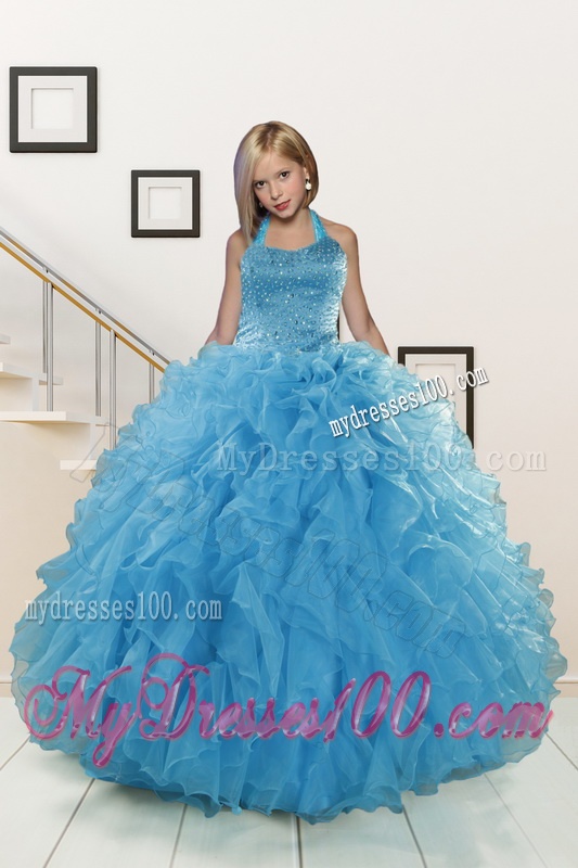 Teal Sweetheart Beading and Ruffles Sweet 16 Dress and Hand Made Flowers and Ruching Baby Pink Dama Dresses and Halter Top Ruffles Pageant Dresses for Little Girl