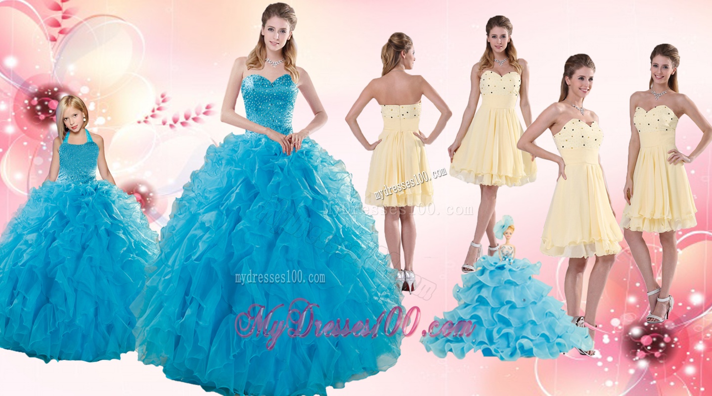 Teal Sweetheart Ruffles Quinceanera Gown and Sweetheart Short Dama Dresses and Teal Halter Top Flower Girl Dress