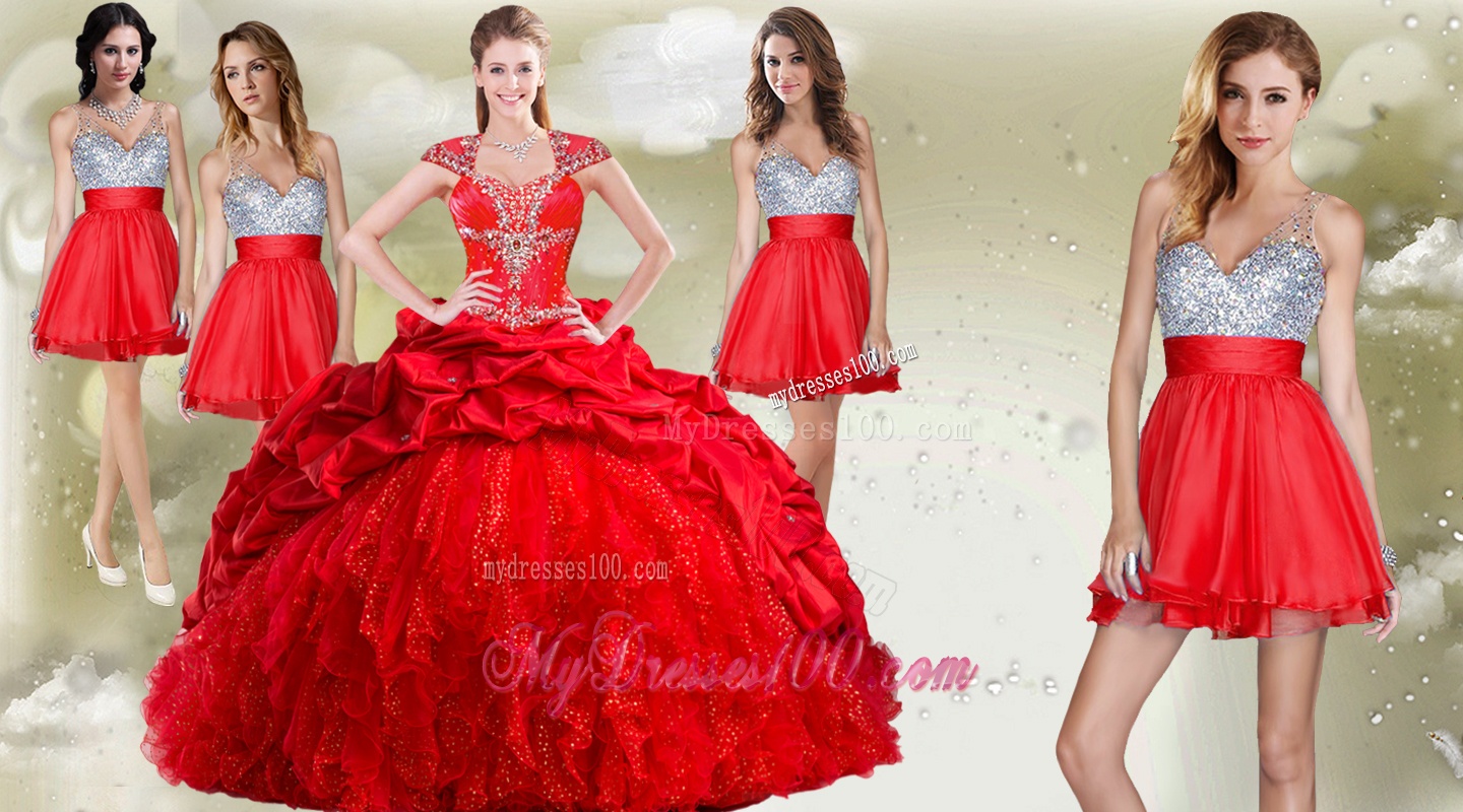 Top Selling Beaded and Pick Ups Quinceanera Dress and Romantic Sequined V Neck Short Dama Dresses