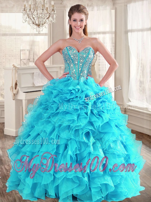 Visible Boning Aqua Blue Quinceanera Dress and Sequined Short Dama Dresses Beaded and Ruffled Mini Quinceanera Dress