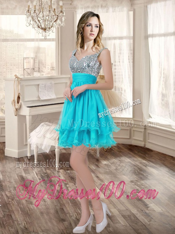 Visible Boning Aqua Blue Quinceanera Dress and Sequined Short Dama Dresses Beaded and Ruffled Mini Quinceanera Dress