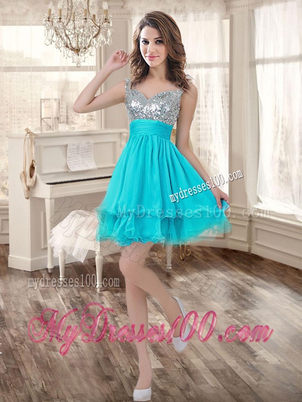 Visible Boning Aqua Blue Quinceanera Dress and Sequined Short Dama Dresses Beaded and Ruffled Mini Quinceanera Dress