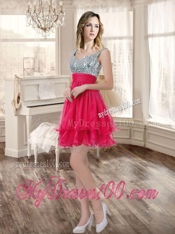 Visible Boning Coral Red Quinceanera Dress and Short Sequined Dama Dresses and Beaded and Ruffled Mini Quinceanera Dress