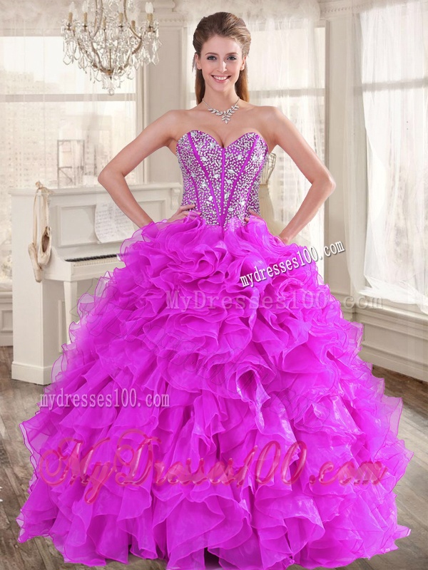 Visible Boning Fuchsia Sweet 16 Gown and Sequined Dama Dresses Beaded and Ruffled Mini Quinceanera Dress