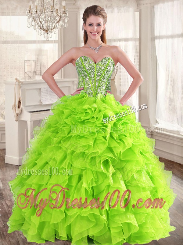 Visible Boning Yellow Green Quinceanera Gown and Sequined Short Dama Dresses and Beaded and Ruffled Mini Quinceanera Dress
