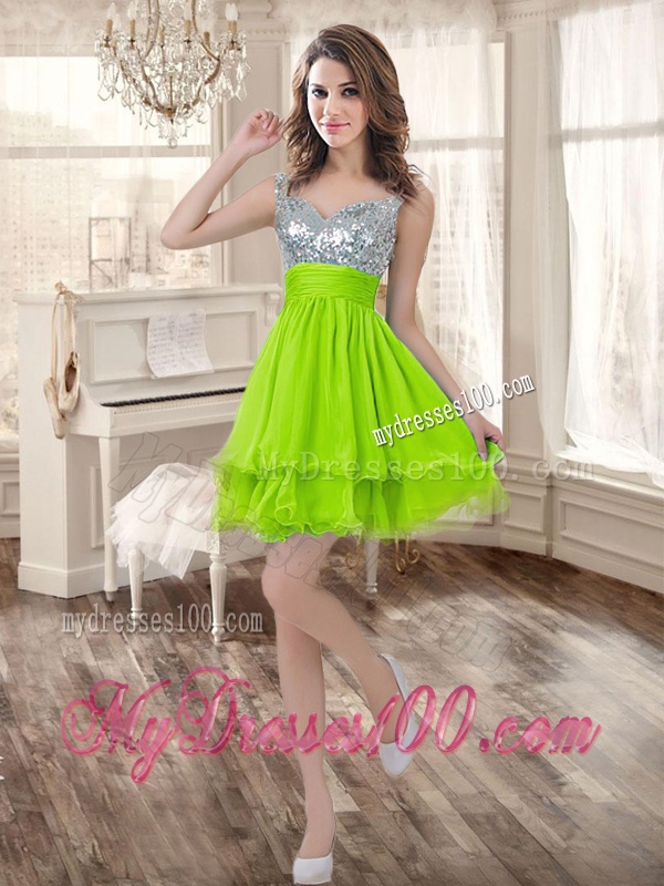 Visible Boning Yellow Green Quinceanera Gown and Sequined Short Dama Dresses and Beaded and Ruffled Mini Quinceanera Dress
