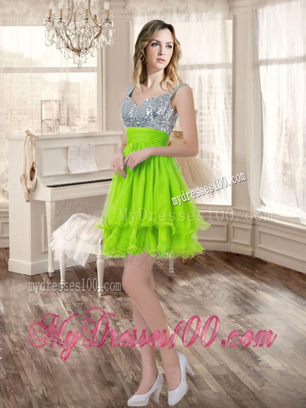 Visible Boning Yellow Green Quinceanera Gown and Sequined Short Dama Dresses and Beaded and Ruffled Mini Quinceanera Dress