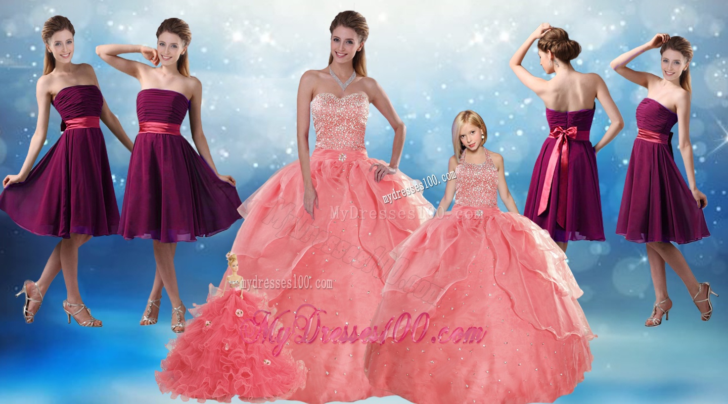 Watermelon Sweetheart Beading Quinceanera Gown and Elegnat Strapless Evening Dresses and 2016 Halter Top Beading Little Girl Dress