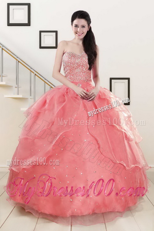 Watermelon Sweetheart Beading Quinceanera Gown and Elegnat Strapless Evening Dresses and 2016 Halter Top Beading Little Girl Dress