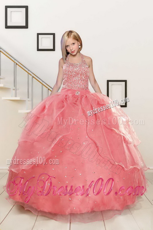 Watermelon Sweetheart Beading Quinceanera Gown and Elegnat Strapless Evening Dresses and 2016 Halter Top Beading Little Girl Dress