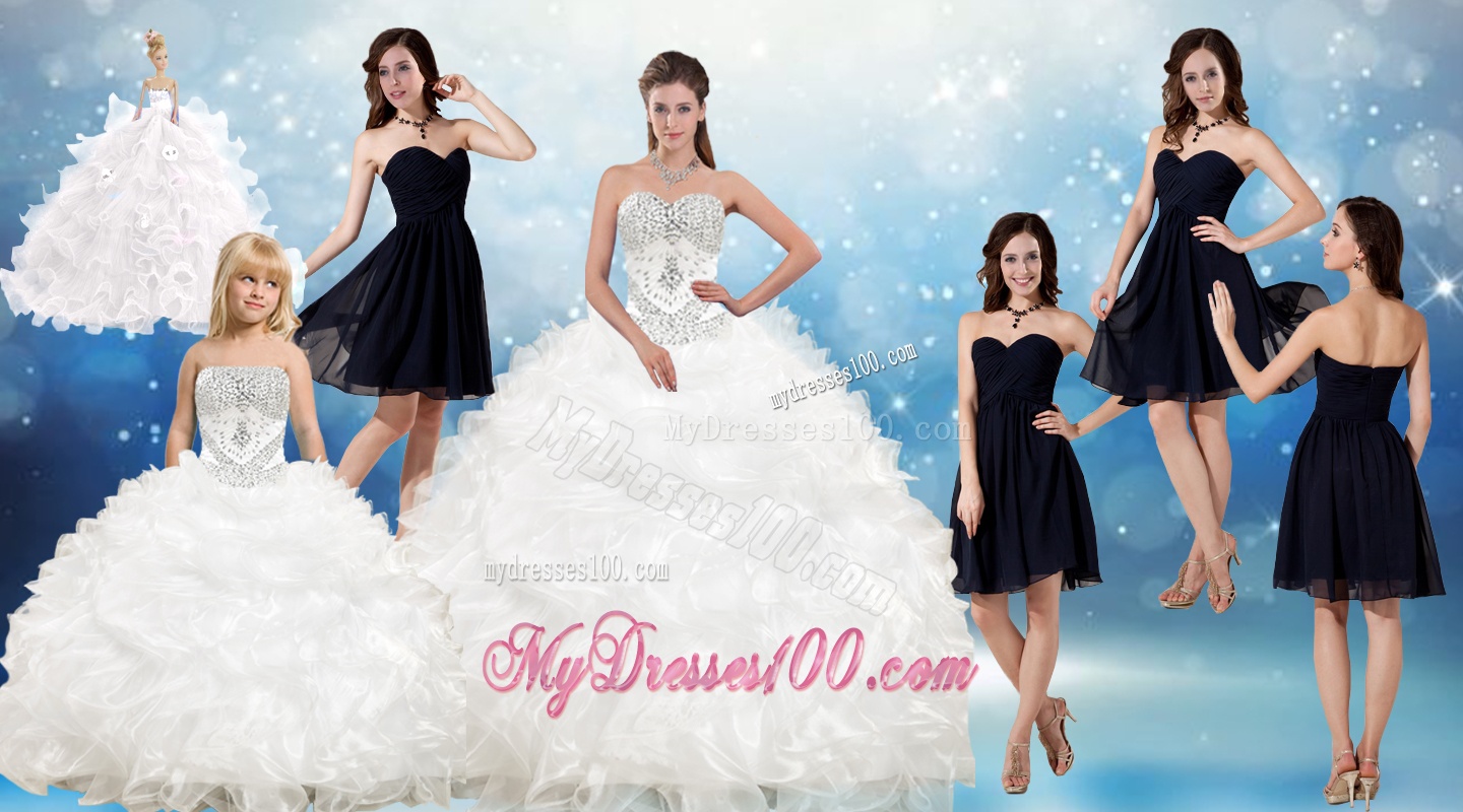 White Ball Gown Quinceanera Dress and Black Sweetheart Short Dama Dresses and Beading and Ruffles Little Girl Dress