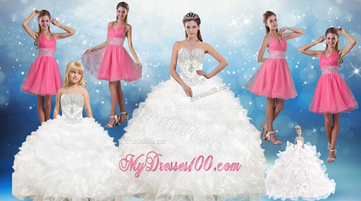 White Sweetheart Ruffles Quinceanera Dress and Sequins V Neck Pink Dama Dresses and Beading White Little Girl Dress