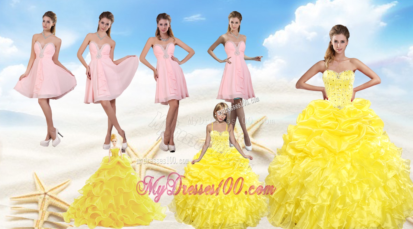 Yellow Sweetheart Beading Quinceanera Dress and Light Pink Short Evening Dresses and Ruffles and Beading Little Girl Dress