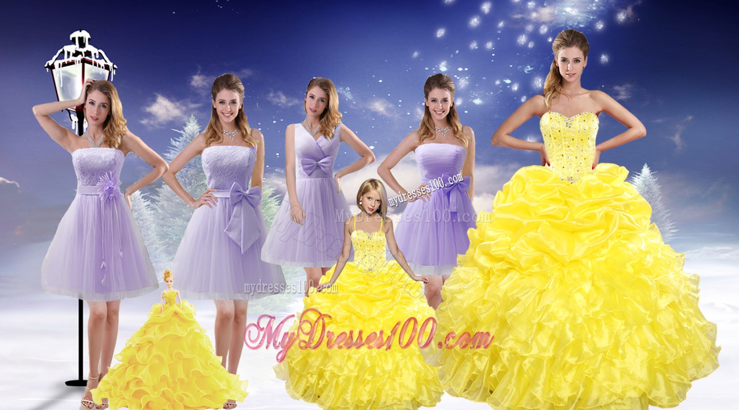 Yellow Sweetheart Beading Ruffles Quinceanera Dress and Lavender Short Dama Dresses and Beading Ruffles Little Girl Dress
