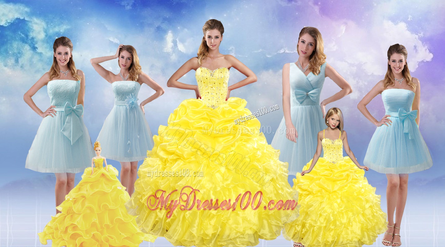 Yellow Sweetheart Rufflers Beading Quinceanera Dress and Bownot Short Evening Dresses and Yellow Spaghetti Straps Beading Pageant Dresses for Little Girl