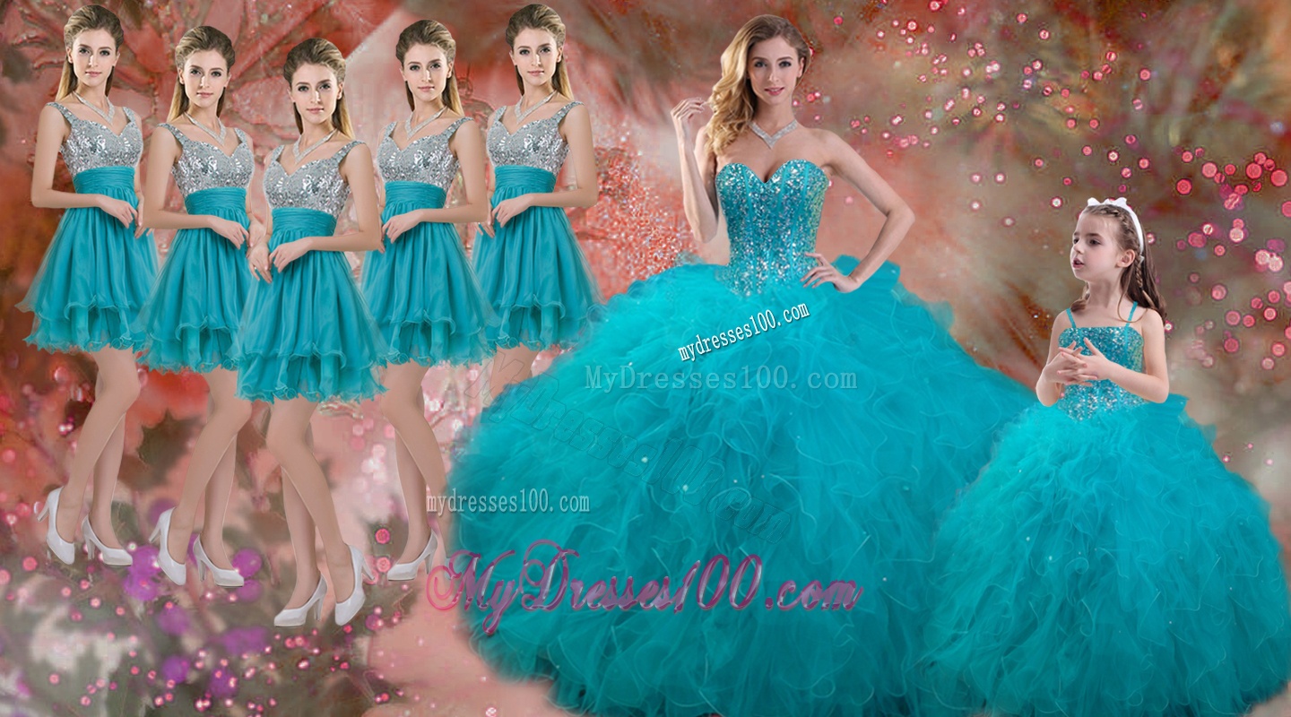 Luxurious Beaded and Ruffled Quinceanera Dress and Sweet Spaghetti Straps Teal Mini Quinceanera Dress and Discount Sequined Short Dama Dresses