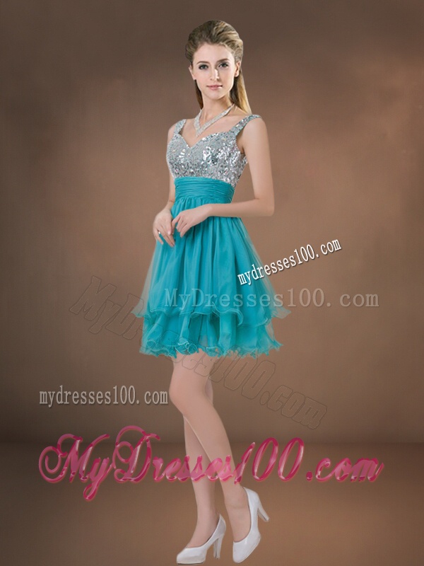 Luxurious Beaded and Ruffled Quinceanera Dress and Sweet Spaghetti Straps Teal Mini Quinceanera Dress and Discount Sequined Short Dama Dresses