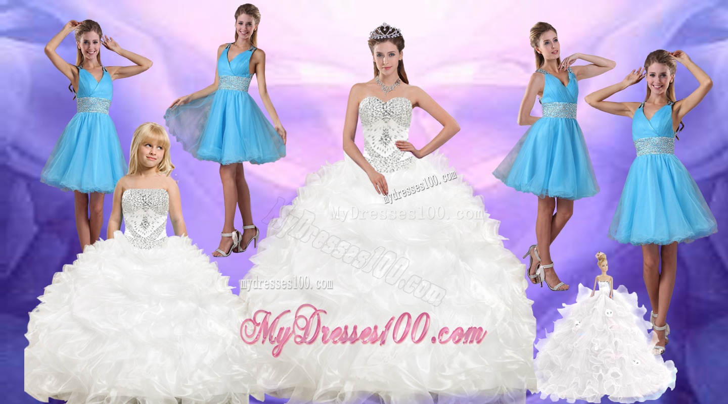 Ruffles and Beading White Quinceanera Dress and Baby Blue V Neck Dama Dresses and White Pageant Dresses for Little Girls Dresses