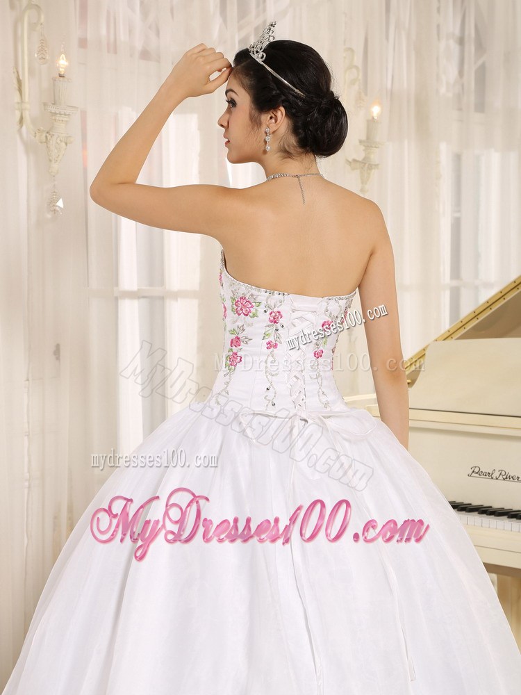 Simple Style White Puffy Sweet 16 Dresses with Hot Pink Floral Appliques