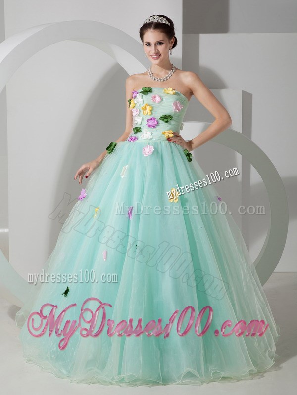 Apple Green Quinceanera Dress with Colorful Handle Flowers and Transparent Waist