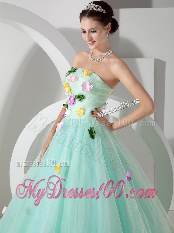 Apple Green Quinceanera Dress with Colorful Handle Flowers and Transparent Waist
