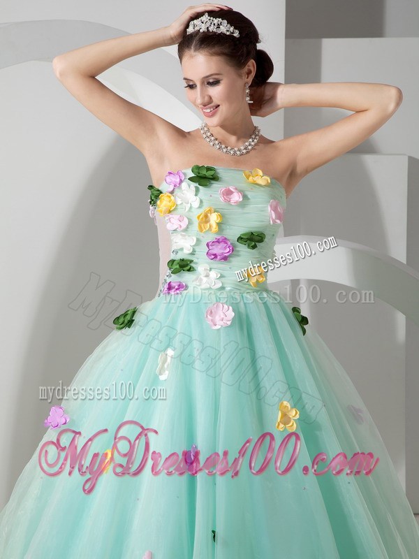Apple Green Quinceanera Dress with Colorful Handle Flowers and Transparent Waist