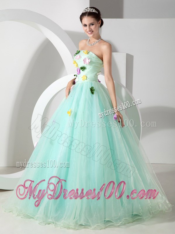 Apple Green Quinceanera Dress with Colorful Handle Flowers and Transparent Waist