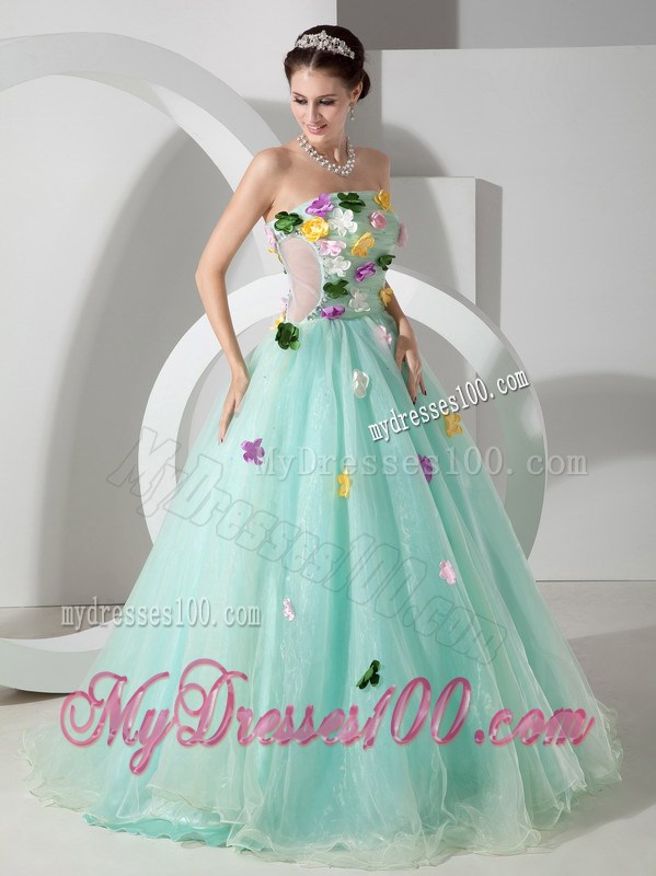 Apple Green Quinceanera Dress with Colorful Handle Flowers and Transparent Waist