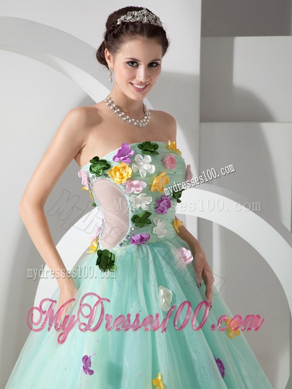 Apple Green Quinceanera Dress with Colorful Handle Flowers and Transparent Waist