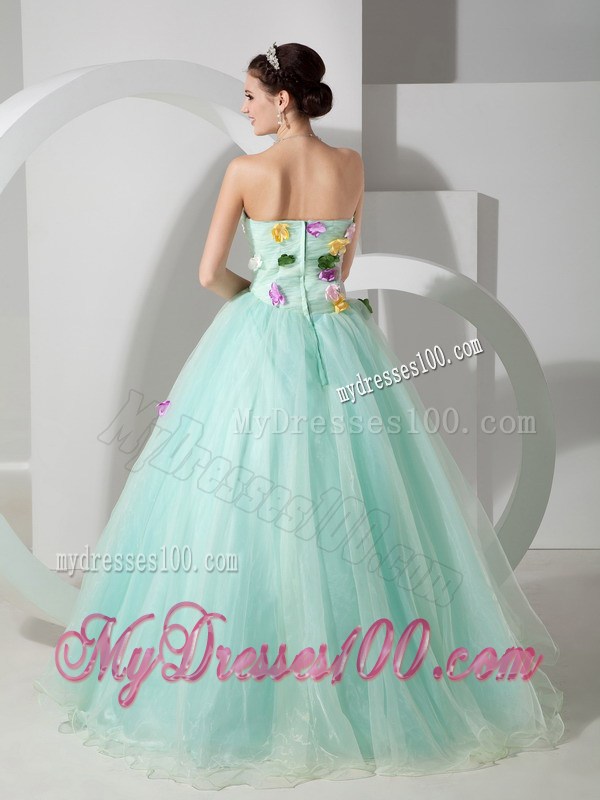 Apple Green Quinceanera Dress with Colorful Handle Flowers and Transparent Waist